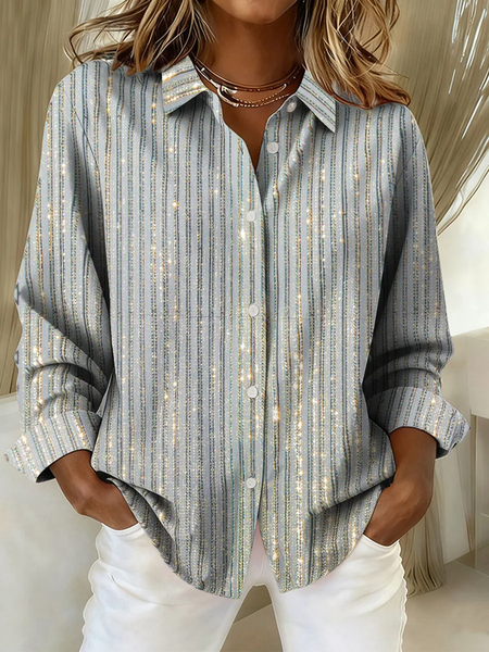 

Women Striped Long Sleeve Shirt Spring/Fall Buckle Shirt Collar Regular Sleeve Daily Casual Top, Gray, Shirts