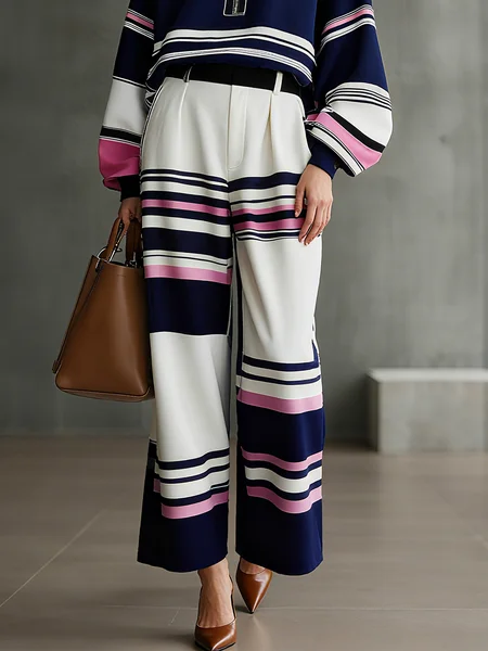 

Casual Abstract Stripes Printing Straight Pants, White-blue, Pants