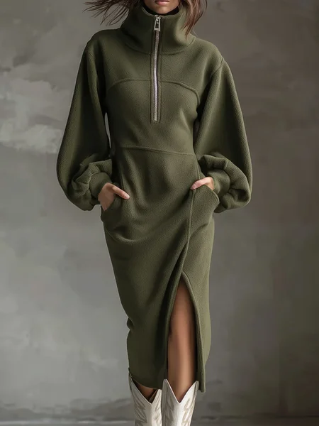 

Casual Plain Side-Slit Turtleneck Midi Dress, Army green, Midi Dresses
