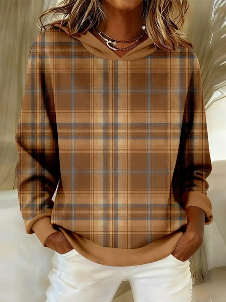 

Women Plaid Spring/Fall Printing Long Sleeve Casual Daily Hoodie, Light brown, Sweatshirts & Hoodies