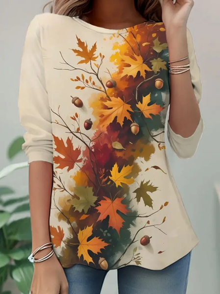 

Women Maple Leaf Long Sleeve Tee T-shirt Crew Neck Casual Spring/Fall Tunic Top, Apricot, T-Shirts