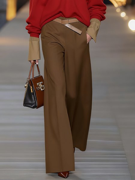 

Casual Plain Wide Leg Pants No Belt, Brown, Pants