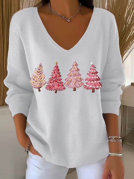 

Women Christmas Long Sleeve Tee T-shirt V Neck Printing Casual Spring/Fall Top, White, T-Shirts