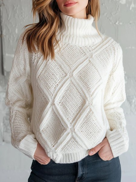 

Casual Plain Turtlenec Sweater, White, Pullovers