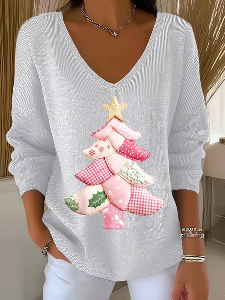 

Women Christmas Long Sleeve Tee T-shirt V Neck Printing Casual Spring/Fall Top, White, T-Shirts