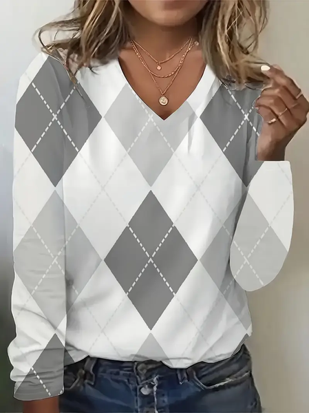 

Casual Plaid V Neck Long Sleeve T-shirt, Gray, T-shirts