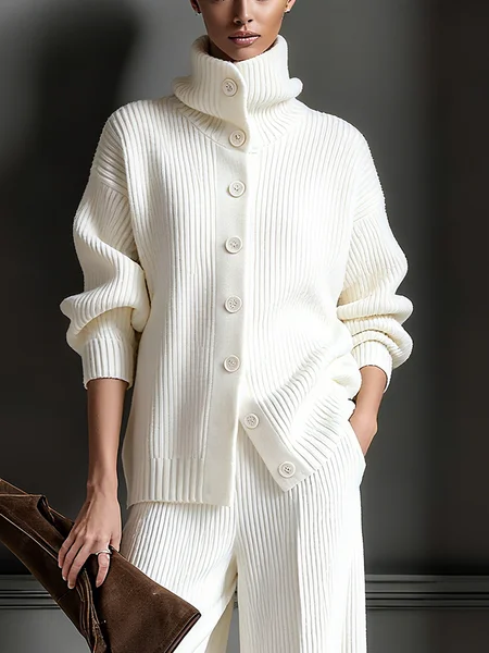 

Casual Plain Turtleneck Sweater Cardigan, White, Cardigans