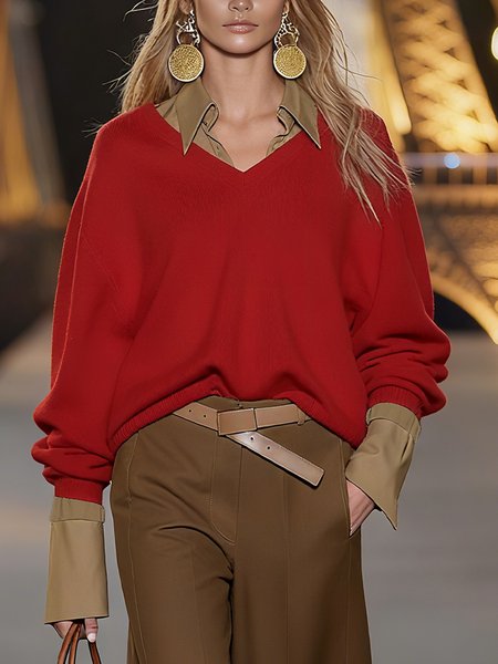 

Casual Plain V Neck Loosen Sweater, Red, Pullovers