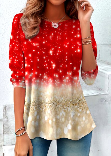 

Casual Christmas Crew Neck Long Sleeve T-shirt, Red, T-shirts