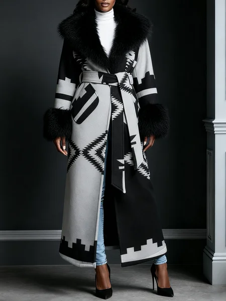 

Urban Abstract Graphic Shawl Collar Coat Belt, As picture, Coats