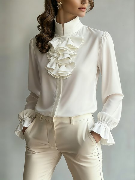 

Cotton Urban Plain Peplum Lotus Leaf Collar Shirt, White, Blouses and Shirts