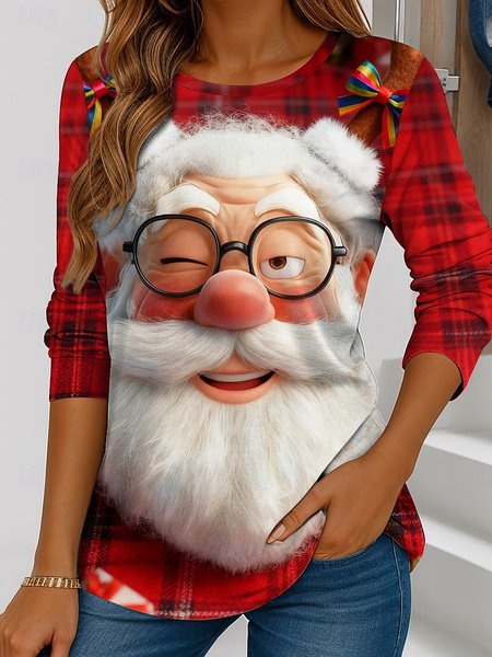

Casual Christmas Crew Neck Long Sleeve T-shirt, Red, T-shirts