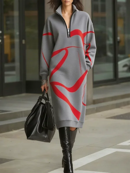 Casual Random Print Printing Mock Neck Midi Dress