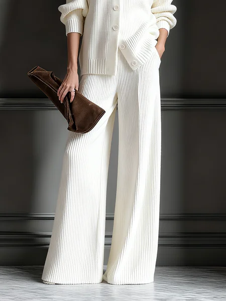 

Casual Plain Sweater Wide Leg Pants, White, Pants
