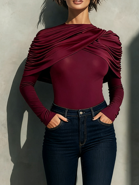 

Elegant Plain Irregular Craftsmanship Crew Neck Blouse, Wine red, Blouses and Shirts