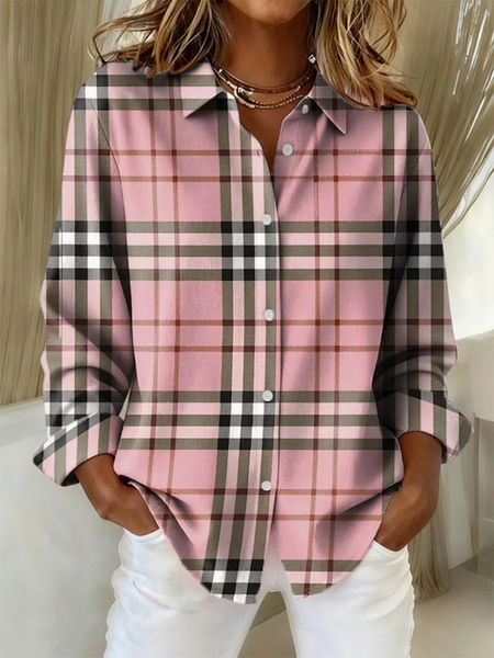 

Women Plaid Long Sleeve Shirt Spring/Fall Buckle Shirt Collar Regular Sleeve Daily Casual Top, Pink, Shirts