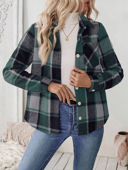 

Women Spring/Fall Outerwear Casual Geometric Long Sleeve Shirt Collar Jacket, Green, Outerwear