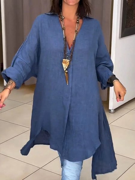 

Casual Plain Loose Shirt Collar Blouse, Deep blue, Long Sleeves