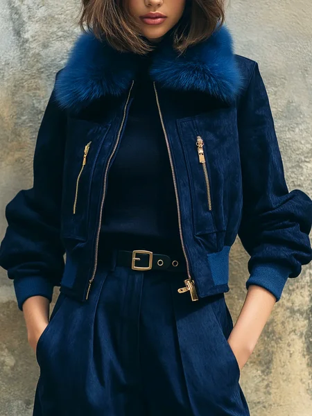 

Casual Plain Shirt Collar Faux Leather Coat, Blue, Jackets