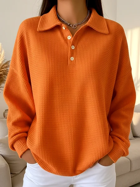 

Casual Plain Shawl Collar Long Sleeve T-shirt, Orange, T-shirts