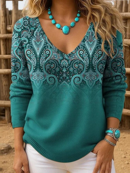

Wild West V Neck Loose Simple Knit Top, Blue, T-shirts