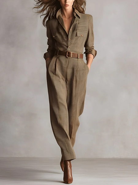 

Urban Plaid Shirt Jumpsuit With Belt, Brown, Jumpsuits