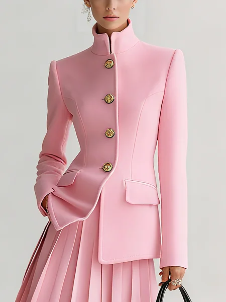 

Urban Buttoned Plain Mock Neck Jacket, Pink, Jackets