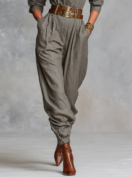 

Casual Plain Ankle Banded Pants No Belt, Gray, Pants