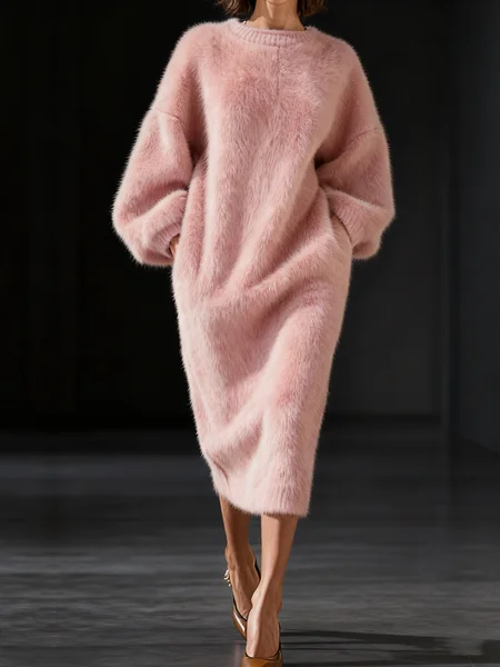 

Casual Plain Crew Neck Midi Sweater Dress, Pink, Midi Dresses
