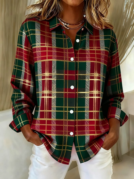 

Women Plaid Long Sleeve Shirt Spring/Fall Buckle Shirt Collar Regular Sleeve Daily Casual Top, As picture, Shirts