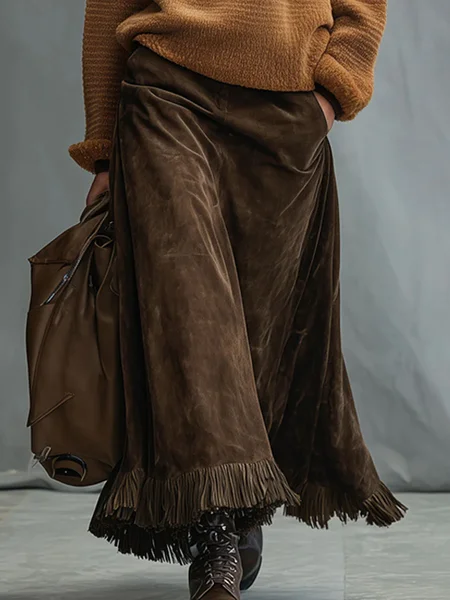 

Urban Suede Tassel Plain Maxi Faux Leather Skirt, Brown, Skirts