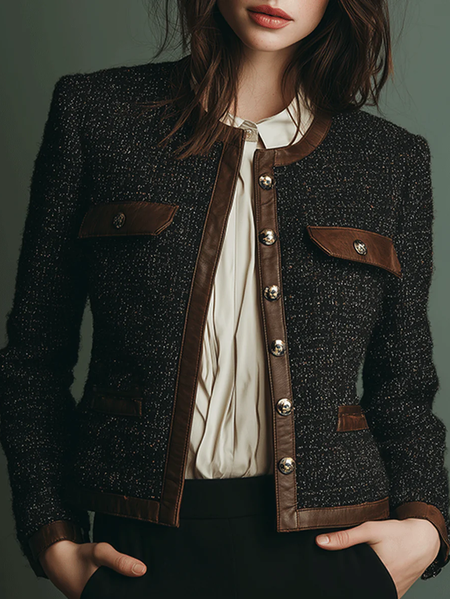 Urban Buttoned Color Block Jacket, Brown, Jackets
