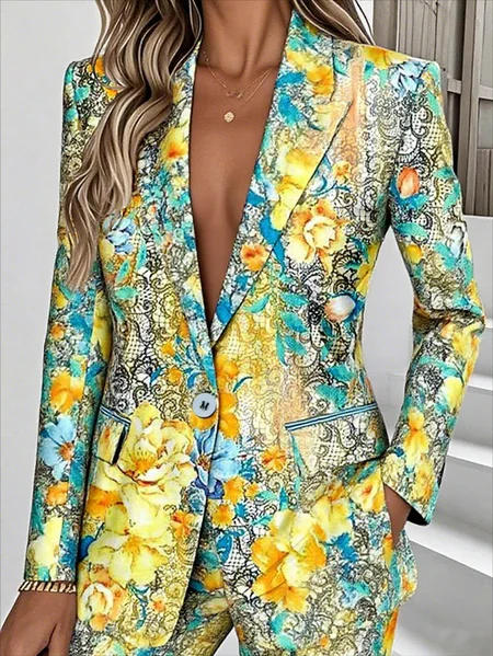 

Women Floral Spring/Fall Outerwear Simple Long Sleeve Lapel Collar Regular Blazer, Yellow, Blazers