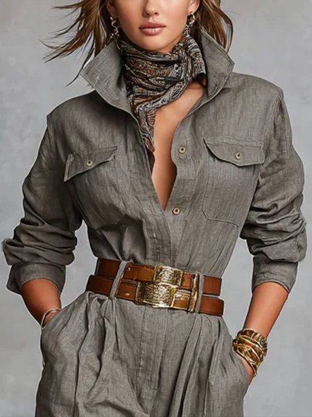 

Cotton Casual Plain Shirt Collar Shirt, Gray, Blouses and Shirts