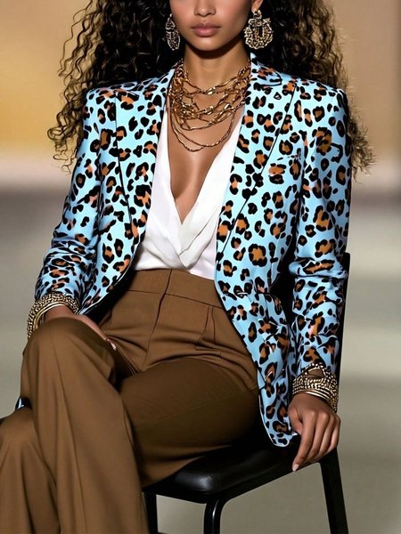 

Elegant Printing Leopard Lapel Collar Blazer, As picture, Blazers