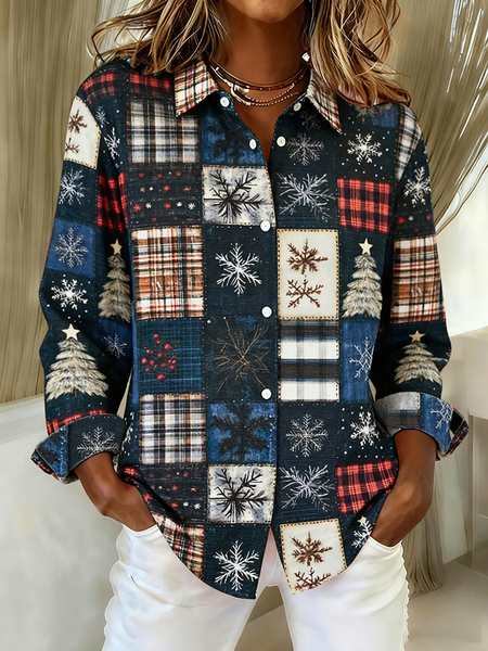 

Women Christmas Long Sleeve Shirt Spring/Fall Buckle Shirt Collar Regular Sleeve Daily Casual Top, Purplish blue, Shirts