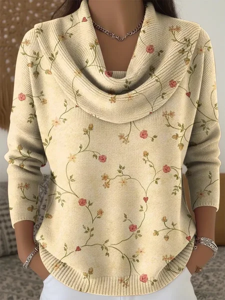 

Women Floral Long Sleeve Comfy Vintage Sweater, Apricot, Sweaters
