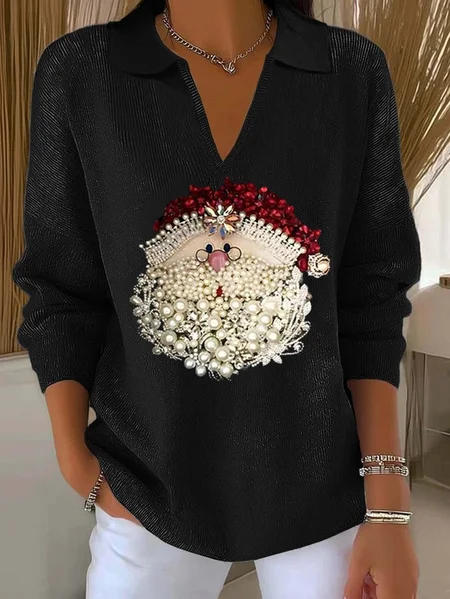 

Women Santa Claus Printing Spring/Fall Casual Long Sleeve Shawl Collar Sweater, Black, Sweaters