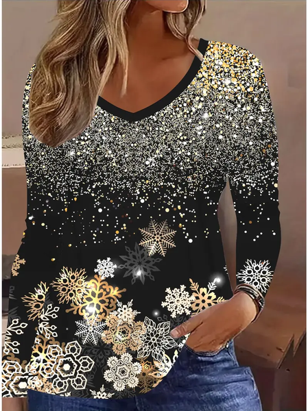 

Women Christmas Long Sleeve Tee T-shirt V Neck Printing Casual Spring/Fall Graphic Tee Top, Black, T-Shirts