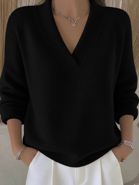 

Casual Plain V Neck Sweater, Black, Sweaters & Cardigans