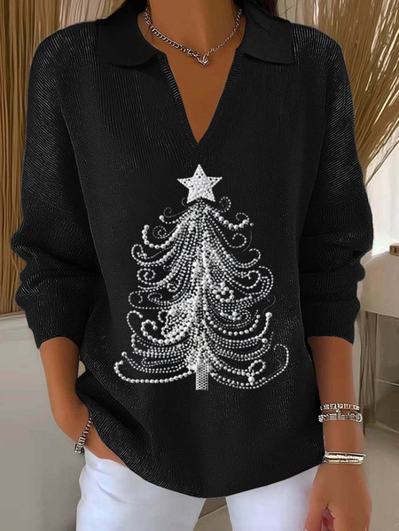 

Women Christmas Printing Spring/Fall Casual Long Sleeve Shawl Collar Sweater, Black, Sweaters