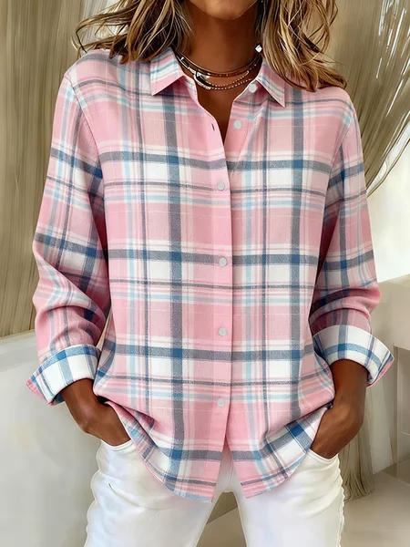 

Women Plaid Long Sleeve Shirt Spring/Fall Buckle Shirt Collar Regular Sleeve Daily Casual Top, Pink, Shirts