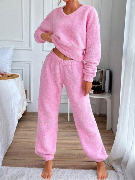 

Regular Fit Casual V Neck Plain Pajama Set, Pink, Suits