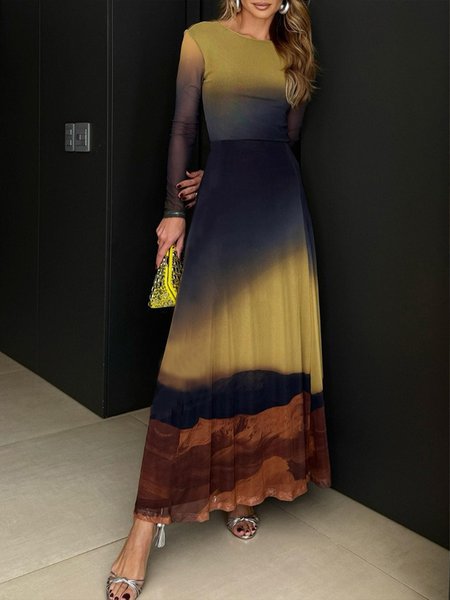 

Urban Gradient Pattern Printing Crew Neck Maxi Dress, As picture, Maxi Dresses