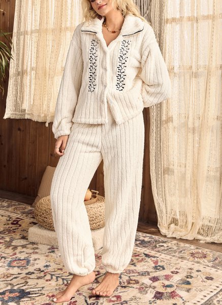 

Casual Regular Fit Shirt Collar Pajama Set, White, Jumpsuits&Rompers