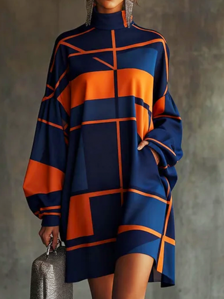 

Casual Geometric Stand Collar Mini Dress, As picture, Mini Dresses