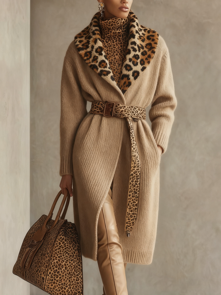 

Casual Color Block Shawl Collar Sweater Cardigan No Belt, Khaki, Cardigans