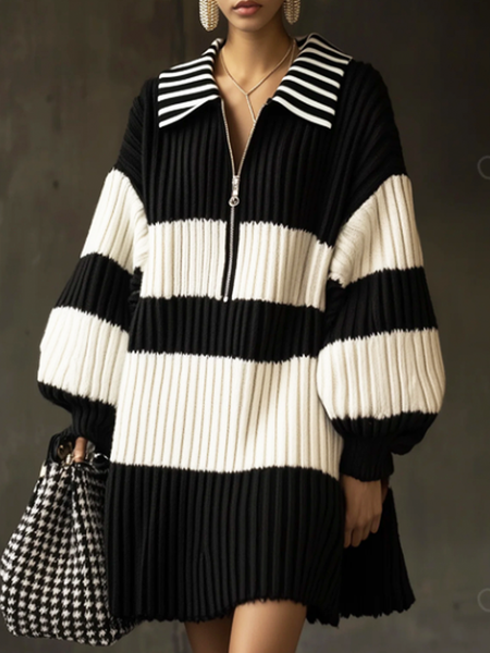 

Casual Striped Shirt Collar Mini Sweater Dress No Belt, Black-white, Mini Dresses