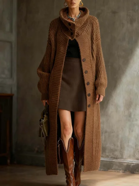 Urban Plain Buttoned Turtleneck Cardigan