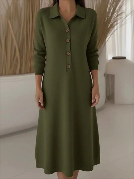

Shawl Collar Casual Plain Loose Sweater Dress With No, Army green, Midi Dresses